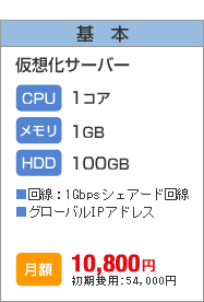 基本　仮想化サーバー　CPU：1コア　メモリ：1GB　HDD：100GB　■回線：1Gbpsシェアード回線■グローバルIPアドレス　月額10,800円　初期費用54,000円