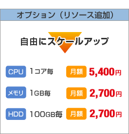 オプション（リソース追加）　月額10,800円　自由にスケールアップ→CPU：1コア毎　月額5,400円　メモリ：1GB毎　月額2,700円　HDD：100GB毎　月額2,700円